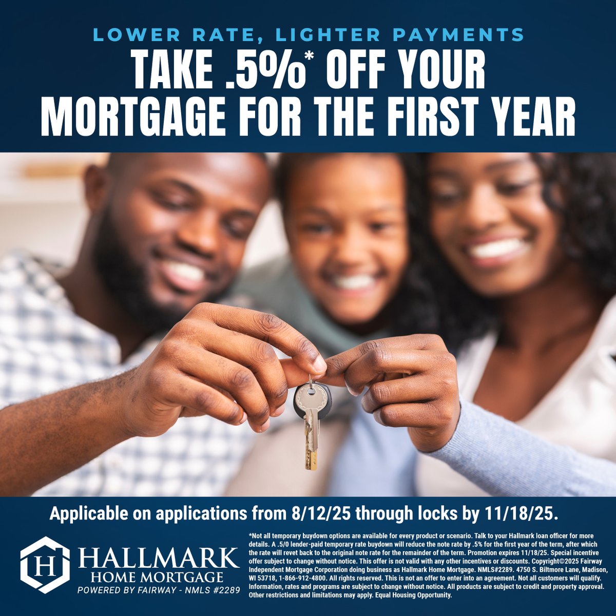 HallmarkMTG's tweet photo. 🎉 Save Big in Year One!
Lock in your loan now and enjoy a 0.5% interest rate reduction for the first year—real savings right when you need it most.
✅ Applications accepted 8/12/25 through locks by 11/18/25.
#HHM #YourCommunityLender https://t.co/0QtxyXzyIH