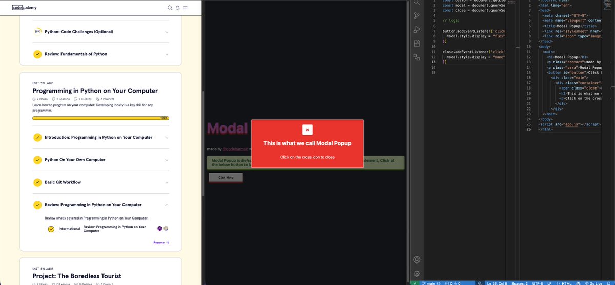 codeharmann's tweet image. Day 110 of Coding
Today, I completed 16% of the Computer Science career path on @Codecademy. I learned the following:
- Introduction to programming in Python on your computer
- Basic Git workflow
I also built a bite-sized project and learned how to create a modal pop-up. It…