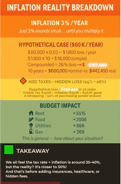 44Maestro2030's tweet image. 💬 WTF? Lose 300K in 10yrs with just 3% inflation + tax?
3% sounds small—but it compounds like interest in reverse.
💸 $60K/yr = $600K nominal → only ≈ $292K real.
Half your purchasing power—gone.
#Inflation #HiddenTax #Finance