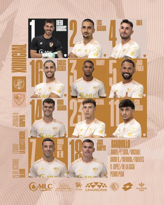 Graphic displays the starting lineup for Linares Deportivo with player headshots in white uniforms against a light blue background, including Diego Barba numbered 1 as goalkeeper, Les numbered 2, Rafa numbered 4, Carlos numbered 16, Manu numbered 3, Javi numbered 5, Alvaro numbered 14, Fran numbered 23, Jose numbered 11, Antonio numbered 7, and Miguel numbered 19, with team logos from MLC, Linares, and others at the bottom.