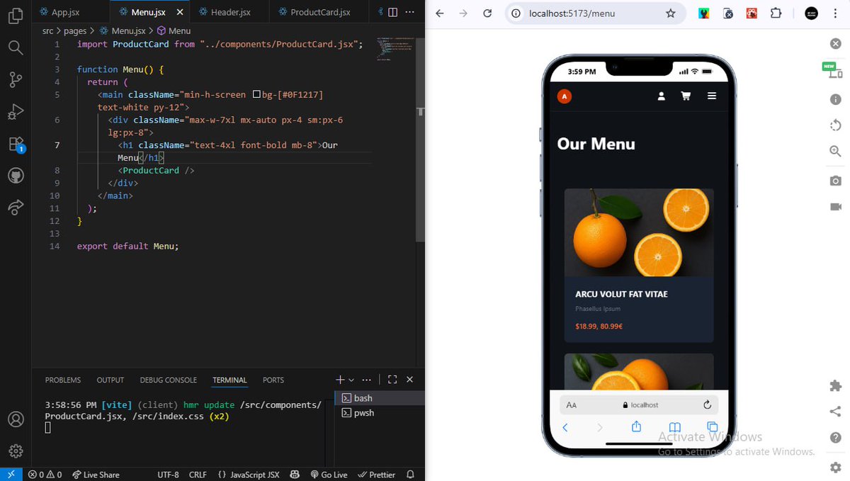 Dev_JesseMaduka's tweet image. Day 43 of #100DaysOfCode ✅
Created a full Menu Page + added navigation using React Router.
Now clicking the menu button routes to a page showing all products 🔥
#CodingJourney #ReactJS #WebDev #Frontend