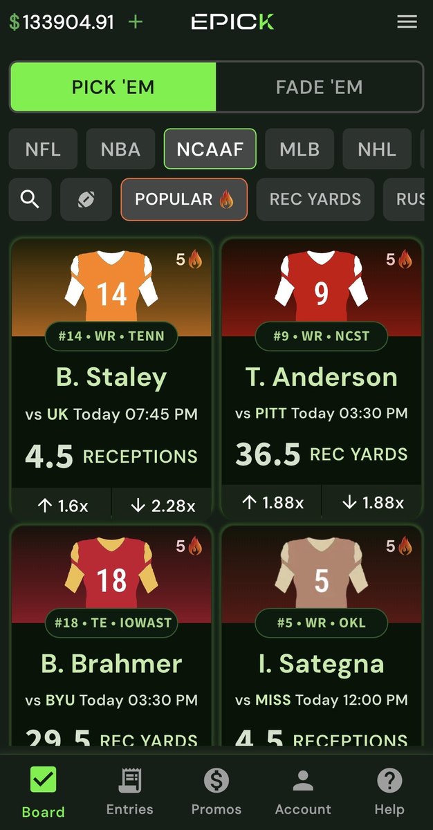 The only app that allows you to wager on college sports in 38+ states <a href="/EPICKFantasy/">EPICK</a>.

Yes, you read that right....38+ states.

Use code "PICKS" when registering for a FREE $5 Pick: epickfantasy.com
