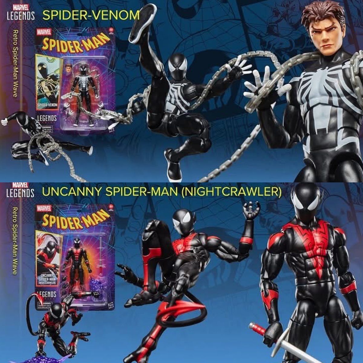 thelegacyofnerd's tweet image. New Marvel Legends Spider-Man figures including Uncanny Spider-Man (Nightcrawler) and Spider-Venom