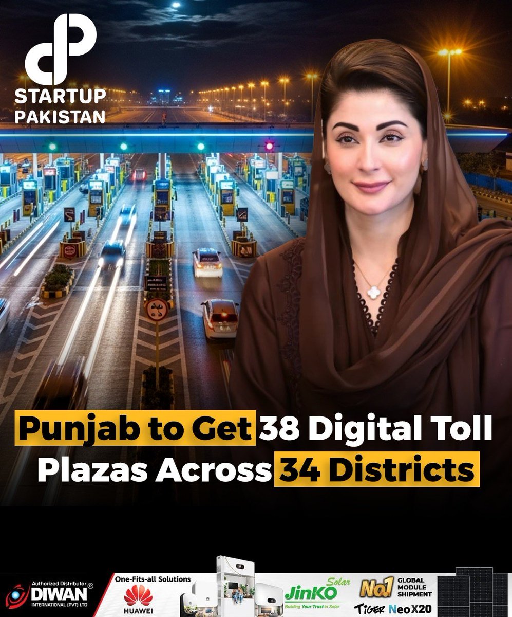 PakStartup's tweet image. The Punjab government has announced plans to establish 38 digital toll plazas across 34 districts, marking a major step toward modernizing the province’s transportation infrastructure. 

#Punjab #DigitalPakistan #SmartGovernance #Innovation #Transport