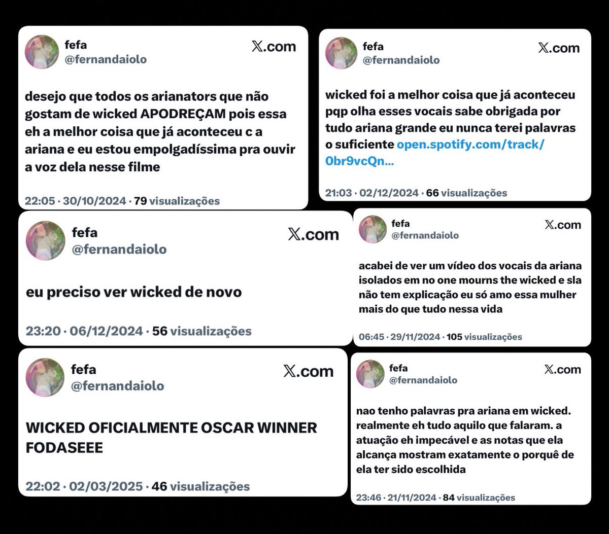 fernandaiolo's tweet photo. @infoari @wickedmusicalbr Info, pensem em mim com carinho! Estive aqui desde o dia 1 do fandom e desde o dia 1 de Ariana Grande em Wicked. Se vocês pesquisarem no meu perfil, devo ter feito mais de 200 tweets enaltecendo a Ariana ao longo dos últimos anos
#ArianatorsNaPremiere
@infoari https://t.co/Wrc1Fth9vn