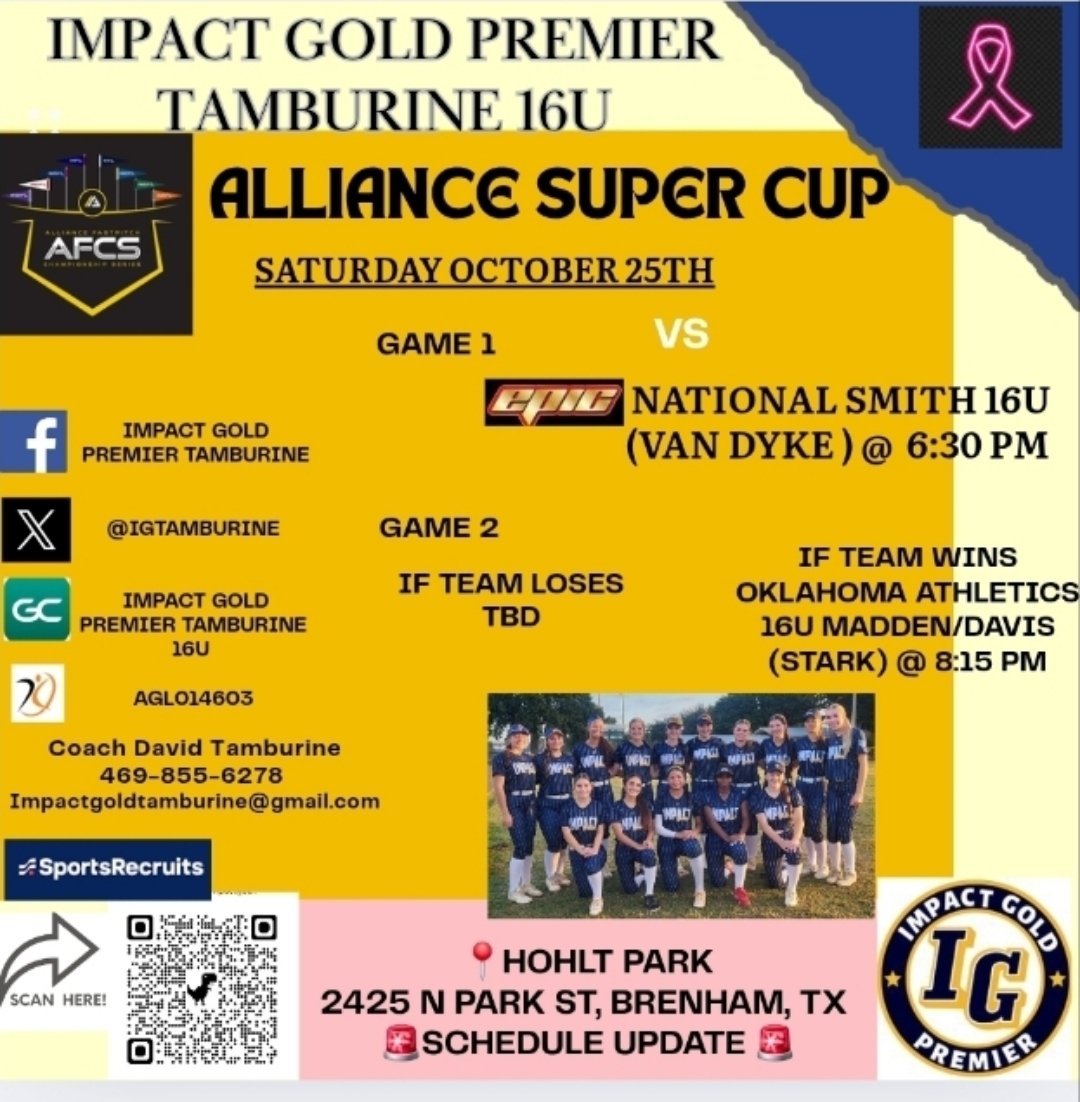 🚨 Schedule change for today 🚨
<a href="/AGLSoftball/">AthletesGoLive Softball</a> <a href="/D1Softball/">D1Softball</a> <a href="/ExtraInningSB/">EXTRA INNING SOFTBALL</a> <a href="/FCRecruits/">First Choice Recruiting</a> <a href="/SBRRetweets/">Softball Recruiting Reposts</a> <a href="/TakeCharge_SB/">TakeChargeRecruiting-Softball</a> <a href="/MSPtakeover/">Minority Softball Prospects</a> <a href="/ImpactGoldOrg/">Impact Gold Fastpitch</a> <a href="/coachjrtorres/">Coach Junior Torres</a> <a href="/jazzvesely/">Jazz Jackson-Vesely</a>