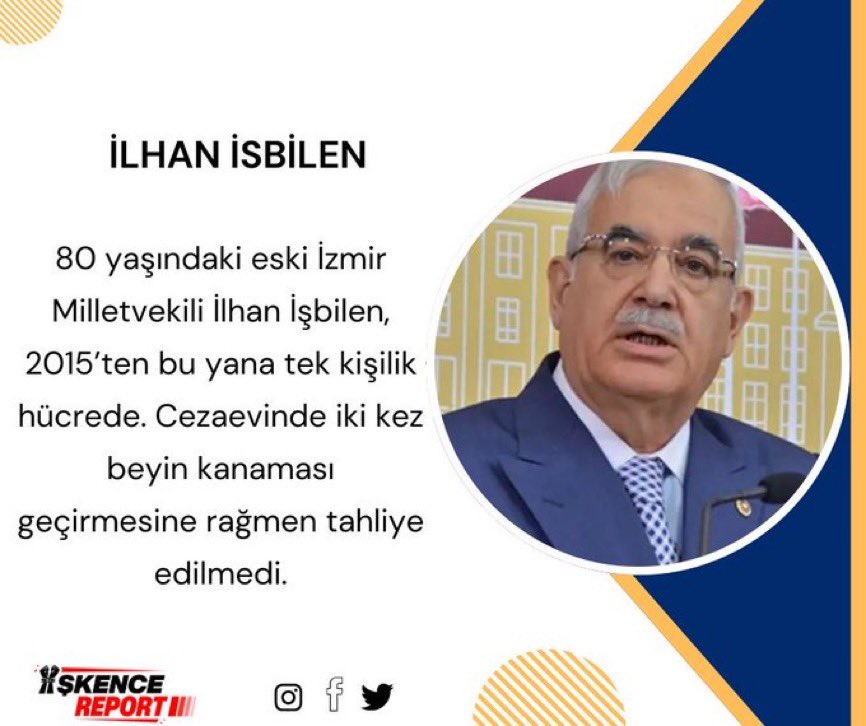 80 yaşındaki  İlhan İşbilen, 2015’ten bu yana tek kişilik bir hücrede tutuluyor.
Cezaevinde iki kez beyin kanaması geçirmesine rağmen, hâlâ tahliye edilmedi.

Adaletin sustuğu, vicdanların köreldiği bu tablo, insanlık adına büyük bir utançtır.

İşkenceyeKarşı HepBirlikte