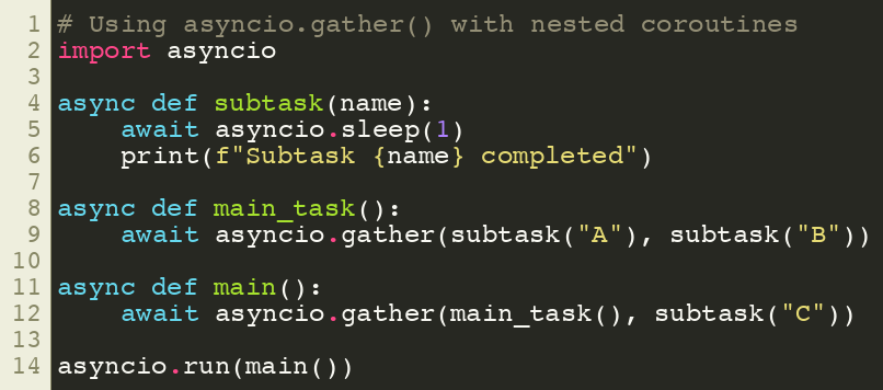 SuperFastPython's tweet image. Using asyncio.gather() with nested coroutines
#Python #Concurrency