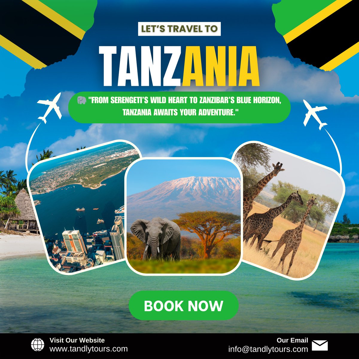 Tandlytours's tweet photo. 🌍 Discover Tanzania with Tandly Tours! 🇹🇿✨
From the wild heart of Serengeti 🦁 to the blue horizon of Zanzibar 🌊 — your African adventure begins here!
🏔️ Explore. 🌅 Relax. 🌴 Experience.
👉 Book Now: https://t.co/m45958ceZ8
#TandlyTours #TravelTanzania #ExploreAfrica https://t.co/BkZGsj8mg1