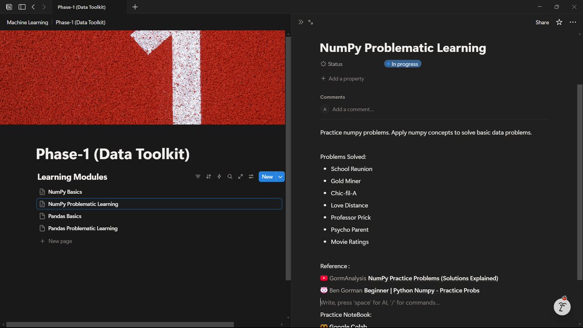 AnanthuN7652's tweet image. ML Journey update!
Just finished NumPy video tutorials and dove into practice problems. Already realizing the real learning starts now - figuring out slicing, filtering, and aggregation through actual problems, not passive watching.
#machinelearningtutorial #numpy #LearnInPublic