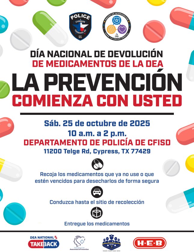 CFISDPDMHIT's tweet photo. We are here!! 

Come safely dispose your expired and unused medications! 💊

📍11200 Telge Rd
⏰10AM - 2PM

#SuicidePrevention #CFISDsafe https://t.co/qs8wRwgFoF