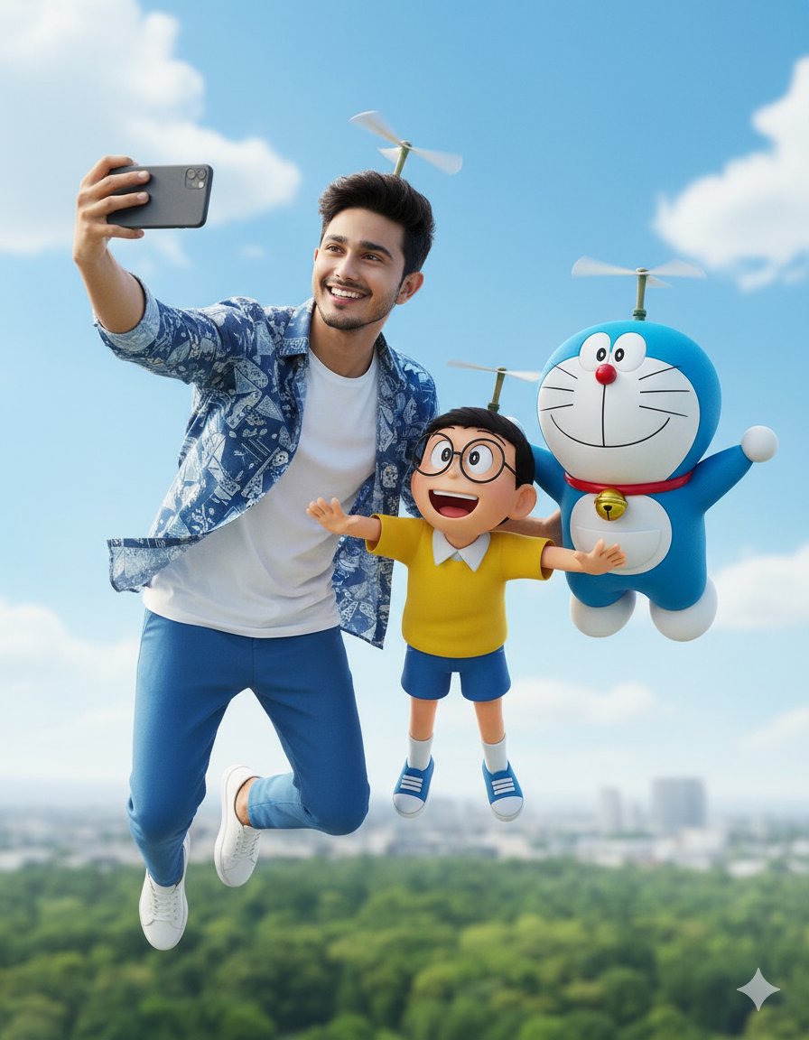 ✨ Childhood dream unlocked: Full-body selfie with Doraemon and Nobita in mid-air. ✨

🍁 Use Google Gemini ai 🍁 

Prompt ⤵️ 

Ultra-realistic UHD 4K cinematic photograph of a person (based on the uploaded photo) taking a full-body selfie mid-air beside Doraemon and Nobita, both