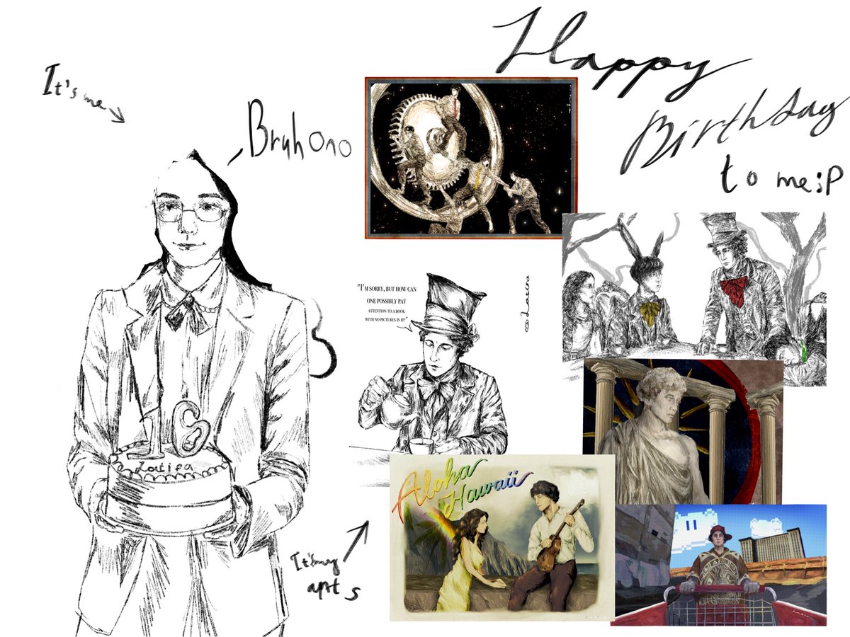 Happy birthday to me again!!! It’s sketch of my stupidself and my arts! If you want to give me gift you can repost it, so more people would see my art:)