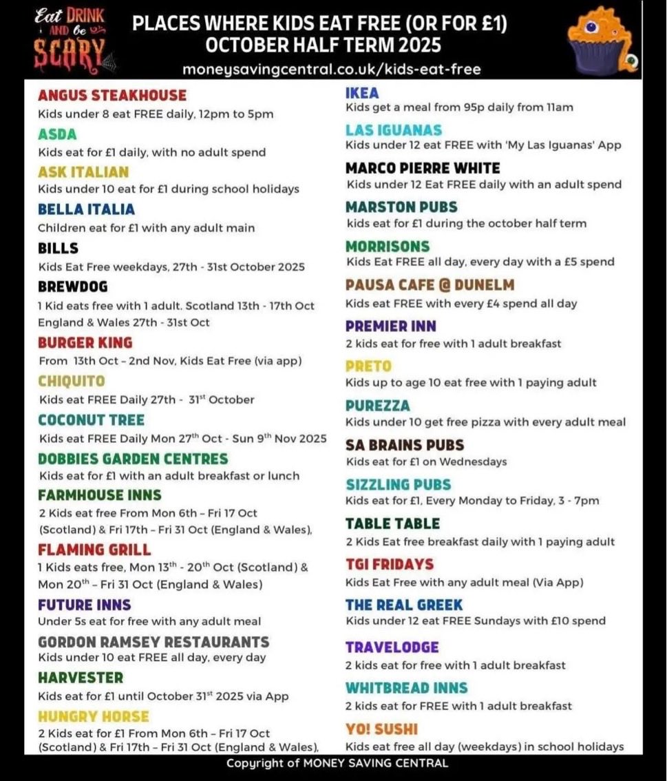 Places where children eat free (or for £1) this October Half Term! 🎃