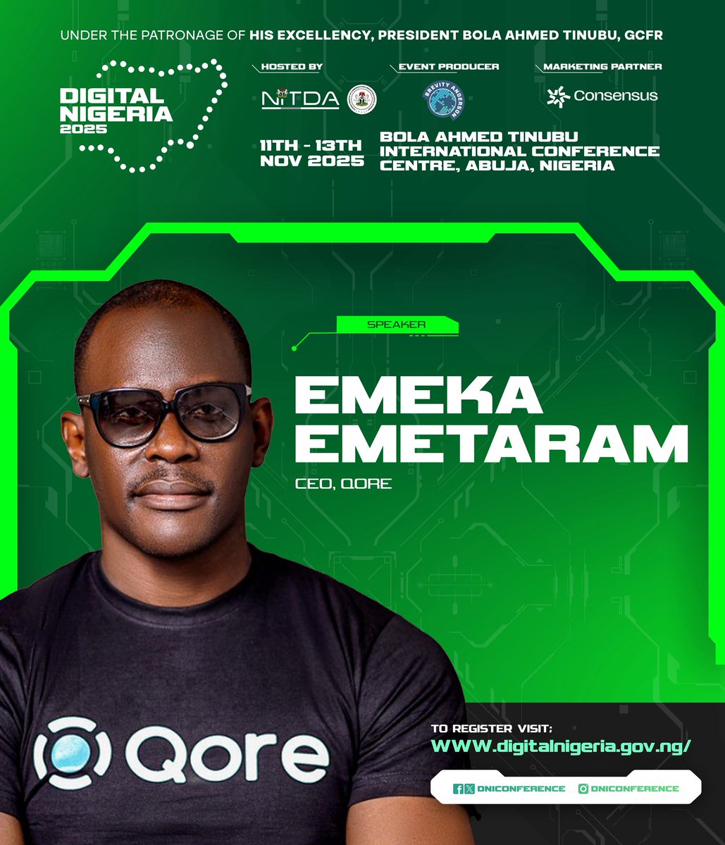 DNIConference's tweet image. Meet Emeka Emetaram, CEO of Qore — leading conversations on the future of tech in Africa. 💡
Join him at #DigitalNigeria2025, Nov 11–13, Abuja.
Register 👉 digitalnigeria.gov.ng
#TechForTheFuture #InnovationInAfrica