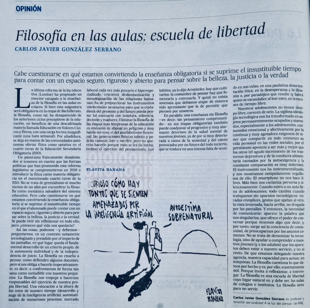 Ismael Sanz (@sanz_ismael) on Twitter photo Sin filosofía en las aulas, ¿quién nos enseñará a cuestionar lo evidente, a buscar la verdad y a imaginar un mundo mejor? Reducir su espacio es renunciar a una educación que nos humaniza. El pensamiento crítico es esencial. 🧠 <a href="/Aspirar_al_uno/">Carlos Javier González Serrano</a> blog.funcas.es/pisa-2022-pens… Sin filosofía en las aulas, ¿quién nos enseñará a cuestionar lo evidente, a buscar la verdad y a imaginar un mundo mejor? Reducir su espacio es renunciar a una educación que nos humaniza. El pensamiento crítico es esencial. 🧠 <a href="/Aspirar_al_uno/">Carlos Javier González Serrano</a> blog.funcas.es/pisa-2022-pens…
