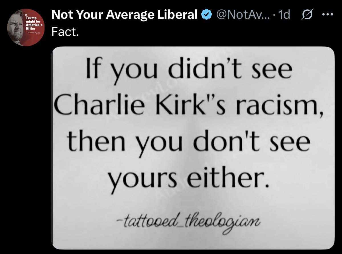 Zeek Arkham 🇺🇸 (@zeekarkham) on Twitter photo Hi, black dude here…
I never saw Charlie’s racism. Not when he interviewed me, not when I shook his hand at SAS, not when he spoke.
According to this meme, I don’t see my own racism. Racism against whom? Would you please explain it to me? Like I’m five…
I’ve literally poured Hi, black dude here…
I never saw Charlie’s racism. Not when he interviewed me, not when I shook his hand at SAS, not when he spoke.
According to this meme, I don’t see my own racism. Racism against whom? Would you please explain it to me? Like I’m five…
I’ve literally poured