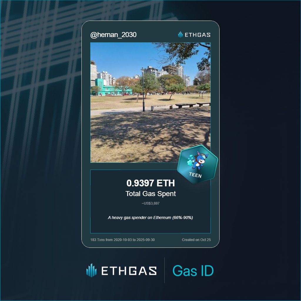 hernan_2030's tweet photo. Discovered my Gas ID via ETHGas - turning my gas spend into rewards 🫘

As a Teen Jack, I've spent 0.9397 ETH on gas but earned 420 Beans back.

Get your Gas ID and Beans here: https://t.co/dWvnKlexaK https://t.co/edHz9O70AE