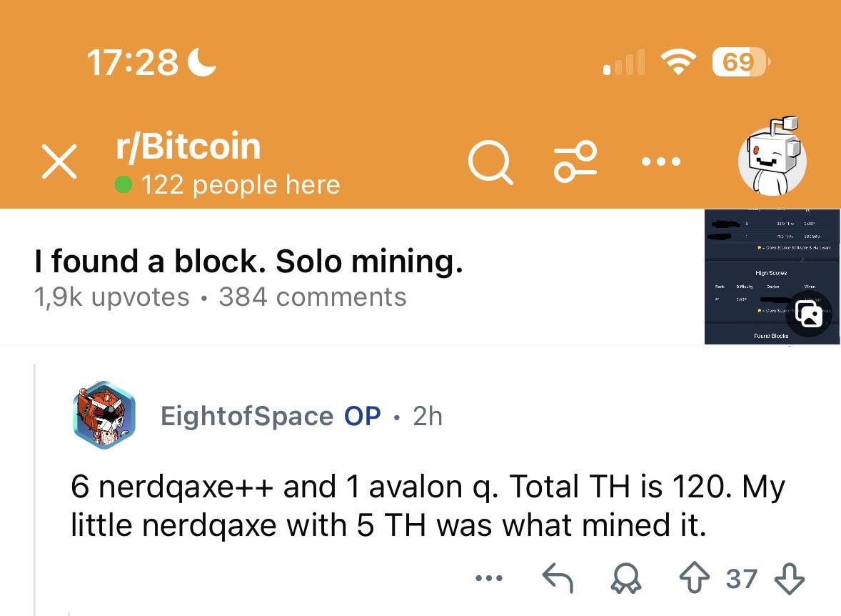 Recent solo miner claims to have mined it with a nerdqaxe 🤯