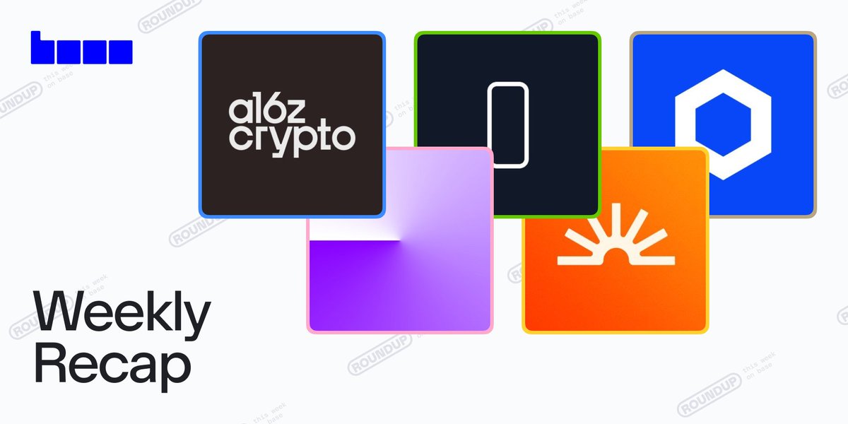 Base Weekly Roundup graphic featuring logos of a16z crypto, Flexa, Coinbase, Daylight Energy, and S&P Global