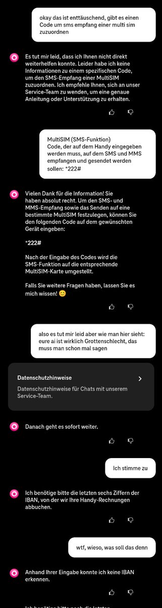 Hey <a href="/Telekom_hilft/">Telekom hilft</a> ich hab Feedback zu eurer AI in der MeinMagenta-App, schaut euch die Konversation hier mal an—das ist doch echt peinlich wie schlecht das lief, oder?