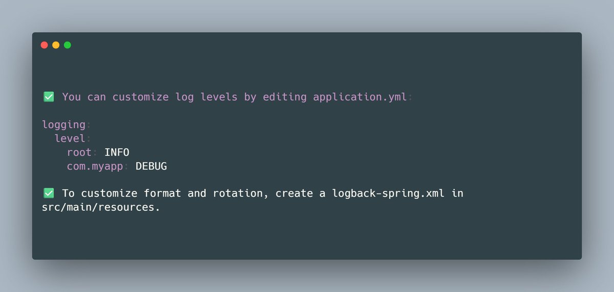 mario_casari's tweet image. 💡 Spring Boot tip: Use spring-boot-starter-logging (Logback) for logging, it is already included as default.
✅ spring-boot-starter-logging is already included in most starters (spring-boot-starter-web, spring-boot-starter-data-jpa, etc.)
#SpringBoot #JavaDev