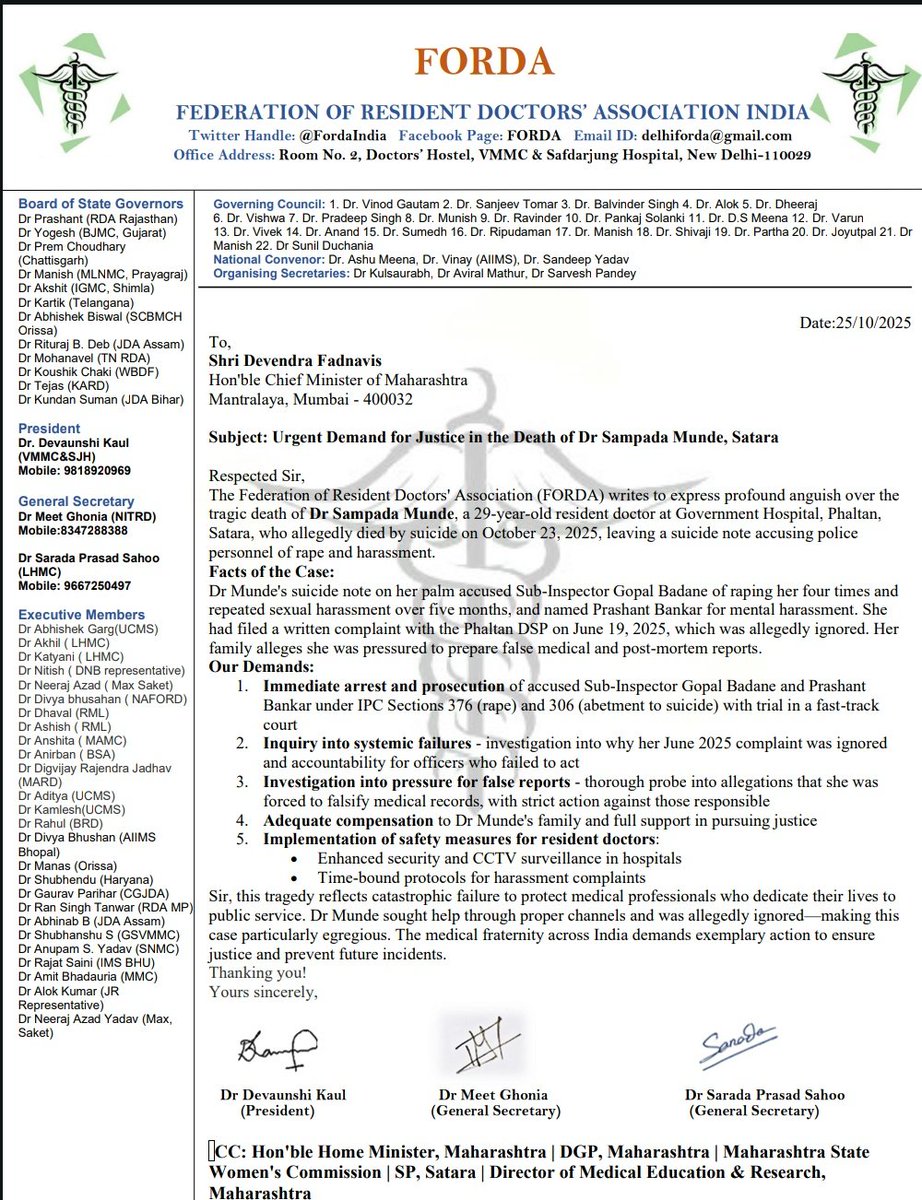 Young resident doctor from Satara lost her life after months of harassment &amp; institutional apathy.

We urge <a href="/Dev_Fadnavis/">Devendra Fadnavis</a> &amp; <a href="/DGPMaharashtra/">महाराष्ट्र पोलीस - Maharashtra Police</a> for swift arrest &amp; action against all responsible.

If justice is delayed, FORDA will launch a nationwide protest.