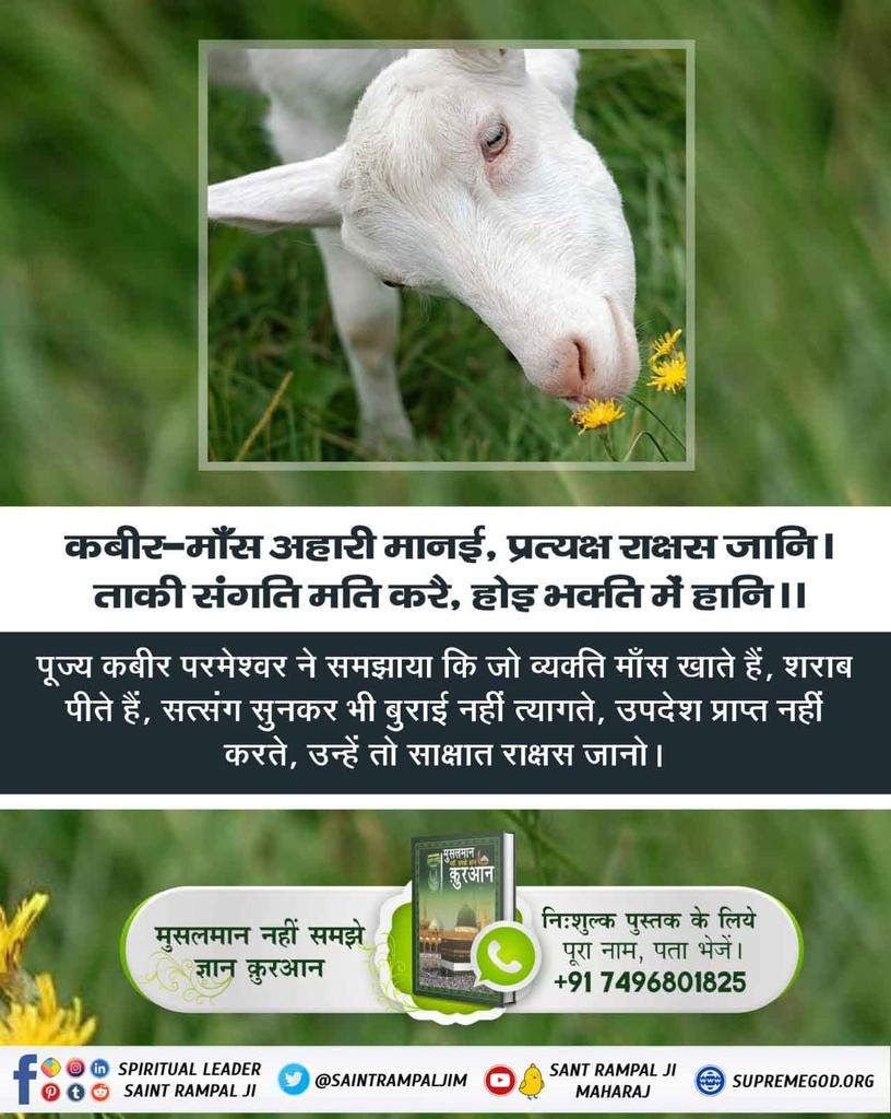 #मांस_खाना_हराम
कबीर-माँस अहारी मानई, प्रत्यक्ष राक्षस जानि। ताकी संगति मति करै, होइ भक्ति में हानि ।।

पूज्य कबीर परमेश्वर ने समझाया कि जो व्यति माँस खाते हैं, शराब पीते हैं, सत्संग सुनकर भी बुराई नहीं त्यागते, उपदेश प्राप्त नहीं करते, उन्हें तो साक्षात राक्षस जानो।