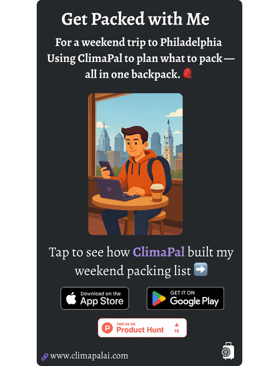 ClimaPalAI's tweet image. ✈️ Get Packed With Me: Weekend Trip to Philadelphia 🏙️

I challenged myself to pack everything into one backpack — using ClimaPal to plan my trip based on weather, dates, and style.

Smart packing starts here 👇

linktr.ee/ClimaPal

#GetPackedWithMe #TravelSmart #ClimaPal