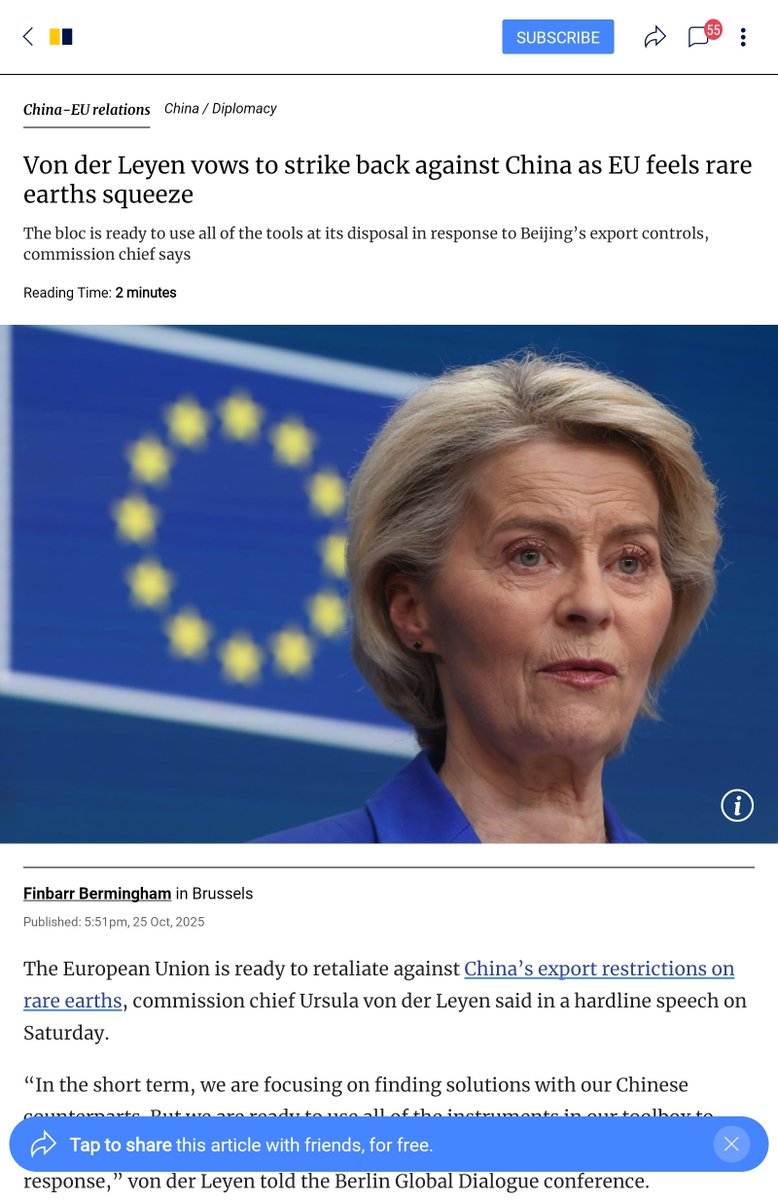 Ah, the EU’s “strategic autonomy” in action! 🎭

Ursula von der Leyen, Brussels’ chief echo of Washington, is now *vowing to strike back* against China—because Beijing dared to regulate the export of rare earths *processing equipment*. Not the raw materials themselves, mind