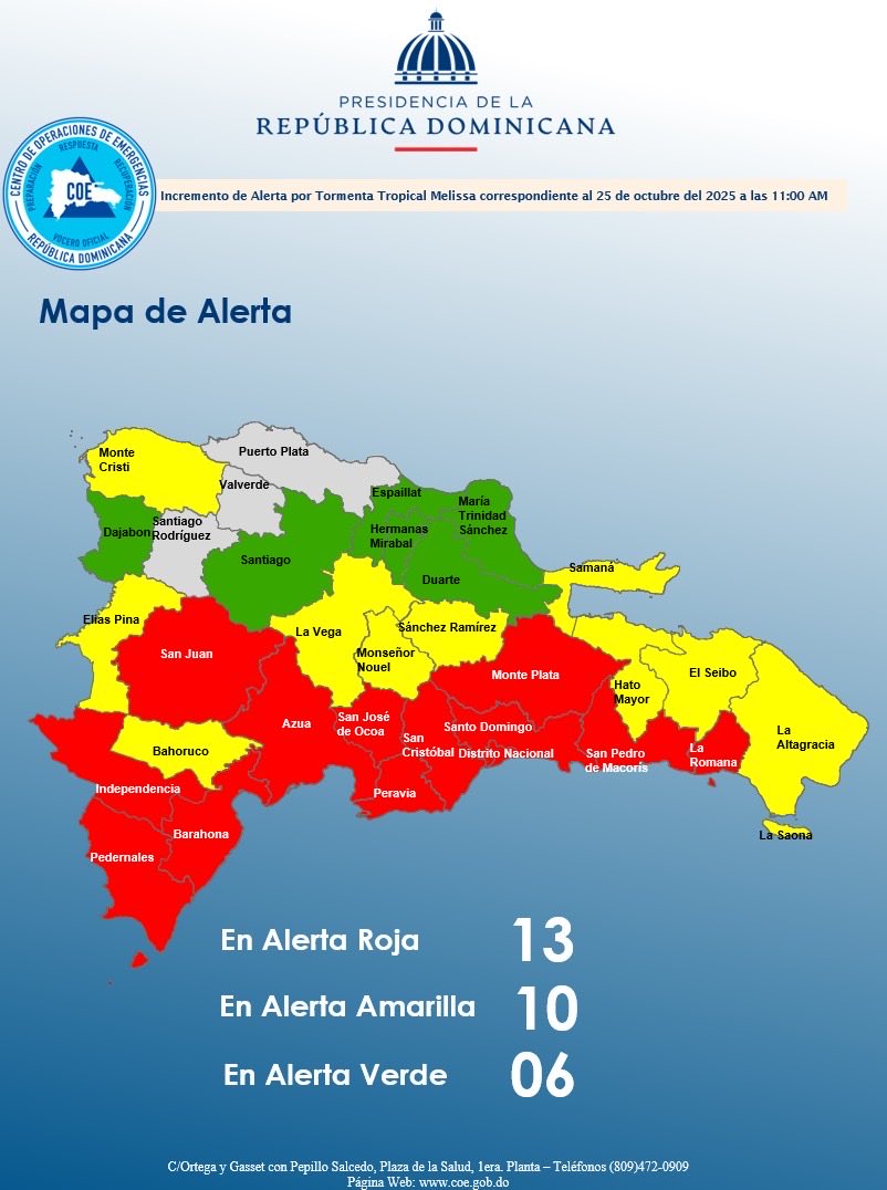 Las provincias en alerta roja 🔴son:

Barahona 
San Cristóbal 
Santo Domingo 
Distrito Nacional 
San José de Ocoa
San Pedro de Macorís 
Independencia
San Juan 
Azúa 
Peravia 
Pedernales 
La Romana
Monte Plata