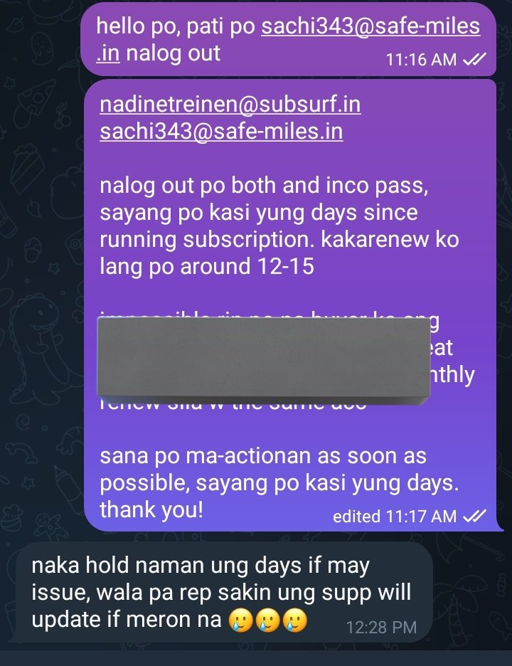 chewimicart's tweet image. nf update #cheupds
sachi3**@safe-miles.in
nadinetrei****@subsurf.in
- both are inco pass. 2 days na ko nagrequest ng reset pass sa supplier pero til now waley parin extended po yung days niyo sa subs. we really need to wait po talaha for the reset pass (see ss of convo for ref)
