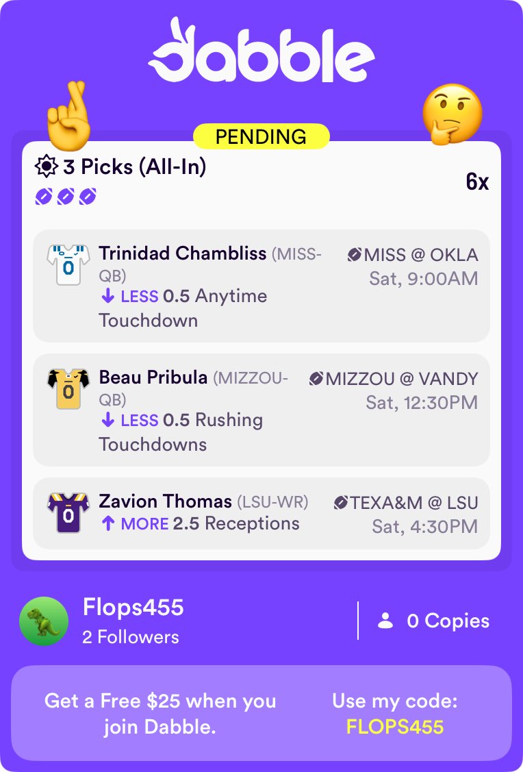FlopsDFS's tweet image. CFB 3 Pick Slip
#Dabble #CFB #GamblingX
LINK: click.dabble.com/ugiS/c60m9lyp
Find more FREE plays on the discord (in bio)