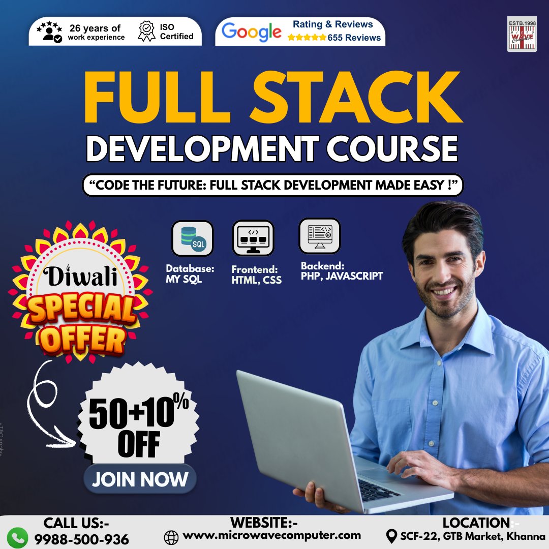 mwc_98's tweet image. ✨ Become a Full Stack Developer! 🚀
💻 Master Frontend + Backend Skills in One Powerful Course! 🔥
🎆 Special Diwali Offer: Get 50% + Extra 10% OFF! 🎇 
📲Call for more information- 99885- 00936
📌SCF-22, GTB Market, Khanna
#FullStackDevelopment #microwavecomputer  #khanna