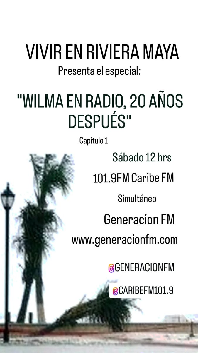 Hoy vamos con este especial después de 20 años de que el huracán #willma nos golpeó a #cancun y #QuintanaRoo no se lo pierdan hoy es el primer capítulo de dos. "WILLMA EN RADIO 20 AÑOS DESPUÉS" <a href="/VivirEnRivieraM/">VIVIR EN RIVIERA MAYA</a> <a href="/GeneracionFM/">Generación FM</a>