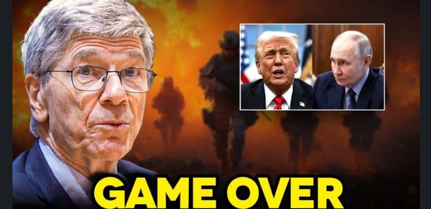 An elderly man with gray hair and glasses wearing a suit looks serious on the left side against a blurred fiery background with silhouettes of soldiers. On the right, two inset photos show Donald Trump in a red tie and suit speaking, and Vladimir Putin in a blue tie and suit. Bold yellow text GAME OVER is centered at the bottom.