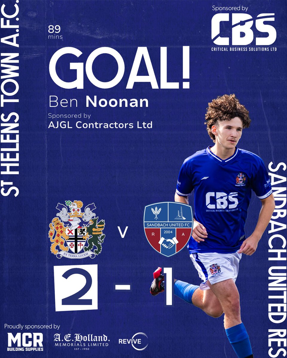 sthelenstownfc's tweet photo. 89' : GOAL!
2 St Helens Town AFC
1 Sandbach United Res
Ben Noonan is sponsored by AJGL Contractors Ltd

 #TownTeam #ExTerraLucem #FootballForAll @CBS_Ltd_1 #MCRBuildingSupplies #AEHolland #ReviveClean https://t.co/W4paQf6vCm