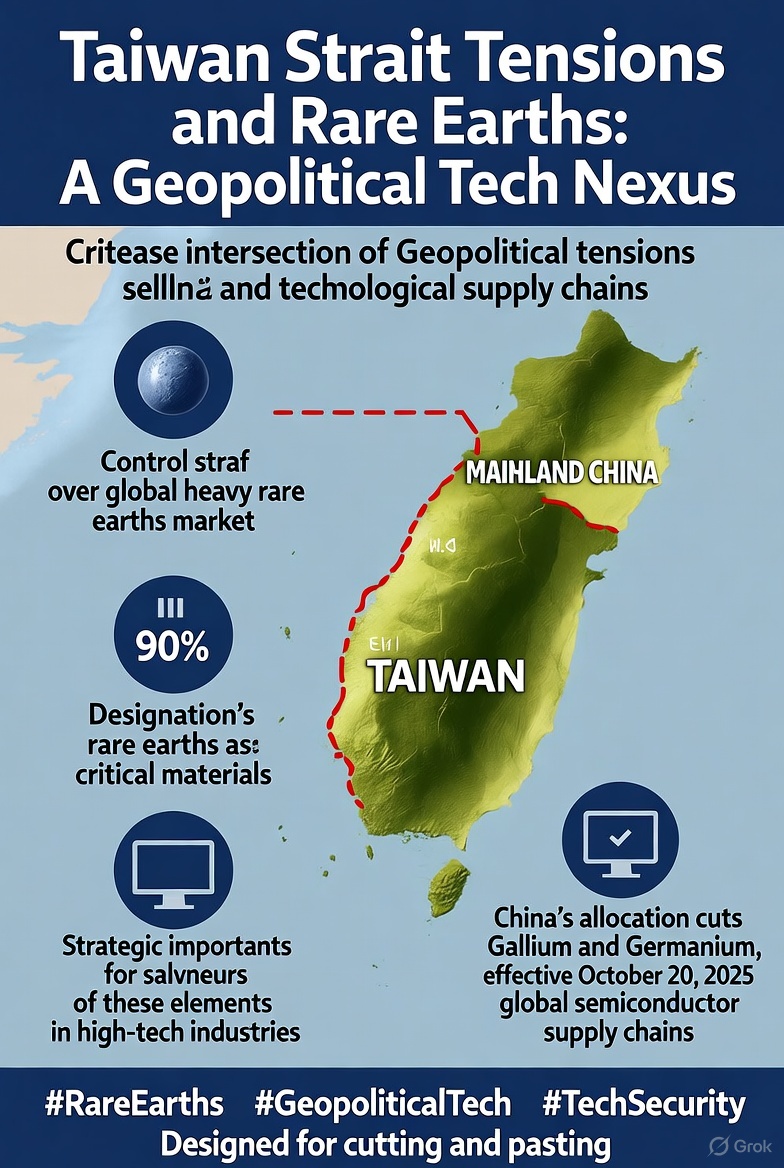 MejidX's tweet image. 📊 Taiwan Strait (40% rare earth trade) simmers after China’s Oct 20 gallium cuts—90% heavy rare earth control! Time to reshore tech? #RareEarths #GeopoliticalTech #Politics #TechSecurity