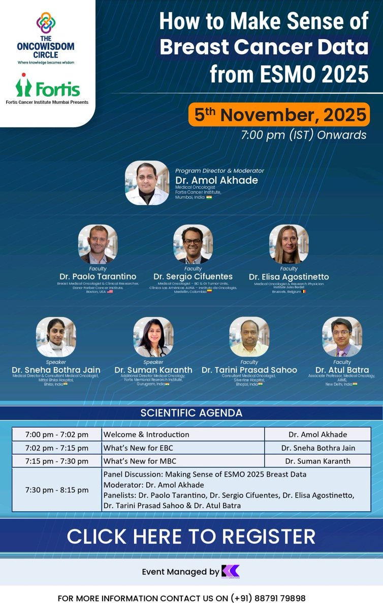 🎗️ OncoWisdom Circle &amp; Fortis Cancer Institute, Mumbai present
“How to Make Sense of Breast Cancer Data from ESMO 2025”
🗓️ 5 November 2025 | 7:00 PM IST
📍 Online | Free Registration
A focused, high-yield academic session that cuts through the noise — and makes real-world sense