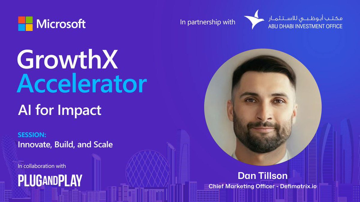 DeFiMatrixOS's tweet image. 🚀 Exciting news from @DeFiMatrixOS!

Our Chief Marketing Officer, Dan Tillson, joins the Microsoft GrowthX Accelerator – AI for Impact program in partnership with Abu Dhabi Investment Office (ADIO). 

Session: Innovate, Build, and Scale
In collaboration with Plug and Play Tech…