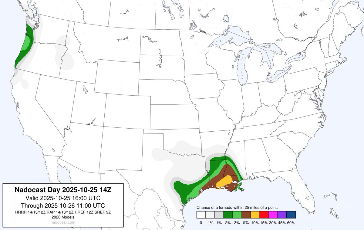 nadocast's tweet image. 14Z Day Tornado Forecast