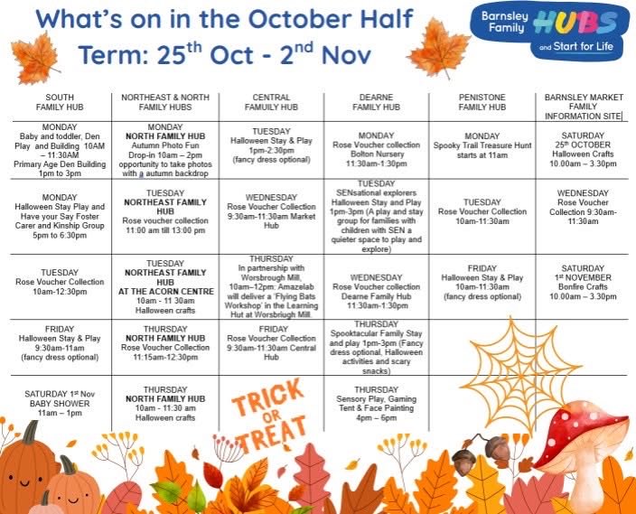 Looking for something fun and free to do with your children this October half term? Barnsley Family Hubs have you covered! 🎃🍁🍂