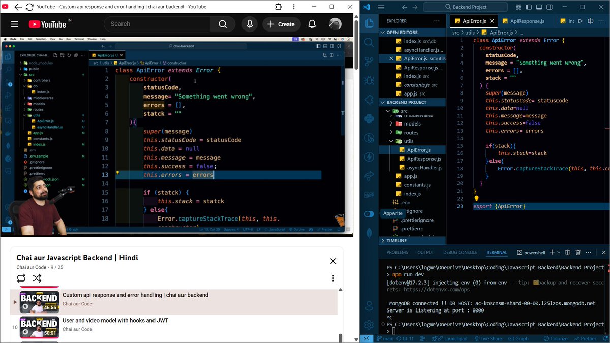 codeXninjaDev's tweet image. Day 9 of #BackendNinjaChallenge by
@ChaiCodeHQ @Hiteshdotcom 
Added CORS config, cookie-parser, body parsers & static serving.
Built ApiError, ApiResponse, and asyncHandler to manage clean controller flow using next().Also added app.on("error") for server-level debugging
#backend