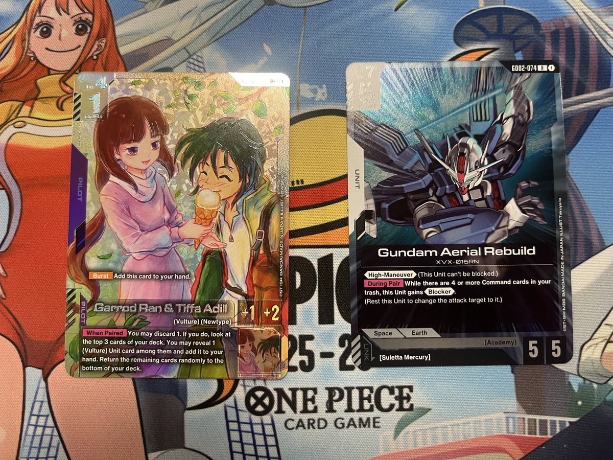 Side Quest Saturday. 

Randomly went to Gundam prelease lost final game but got 2 runner up packs! 

8 packs total - 2 AA and one LR , why can’t my one piece luck be like this !!