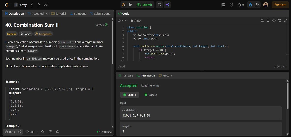 eklavyaasingh's tweet image. 🚀 Day 33 of #100DaysOfCode
Solved LeetCode 40 – Combination Sum II 💡
Used backtracking + sorting to find unique combinations efficiently! ⚡
leetcode: leetcode.com/u/eklavyaasingh
#LeetCode #DSA #Cplusplus #Coding