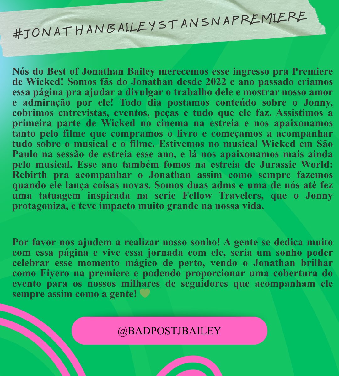 badpostjbailey's tweet image. Por tudo que já vivemos com o Jonathan, merecemos estar na premiere de Wicked em São Paulo e realizar nosso sonho de ver ele! #JonathanBaileyStansNaPremiere @jbayleafstan