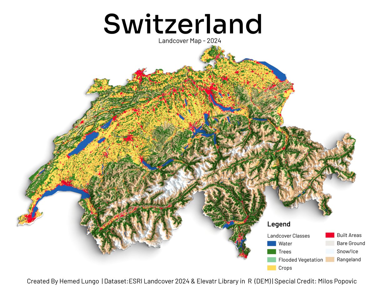 725Hemeed's tweet photo. 🗺️Map showing Switzerland Land Cover – 2024🇨🇭
Made with QGIS &amp; Blender using:
🏞️Landcover from EarthMap (ESRI 2024)
⛰️ DEM from Elevatr R
#Switzerland #Europe #QGIS #Blender #b3d #data #Cartography #GIS #gischat #LandCover #map https://t.co/UNWiYWXOGE