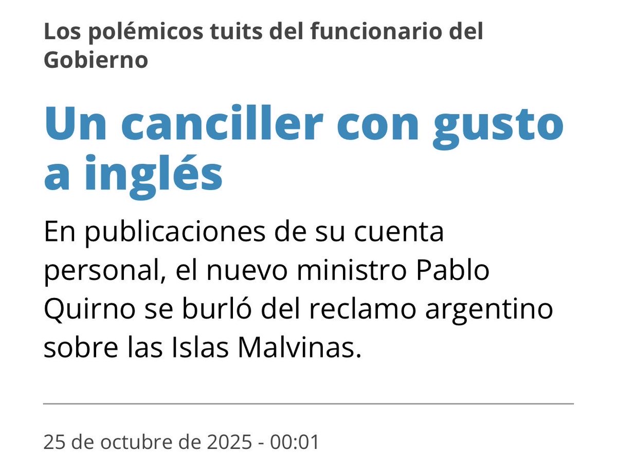 MILEI DESIGNÓ A OTRO VENDEPATRIA EN LA CANCILLERÍA 🇬🇧🇬🇧🇬🇧

Pablo Quirno, nombrado por Milei como nuevo Canciller, es un vendepatria que se burló públicamente del reclamo argentino sobre las Islas Malvinas.

Su nombramiento confirma lo que venimos denunciando: el gobierno