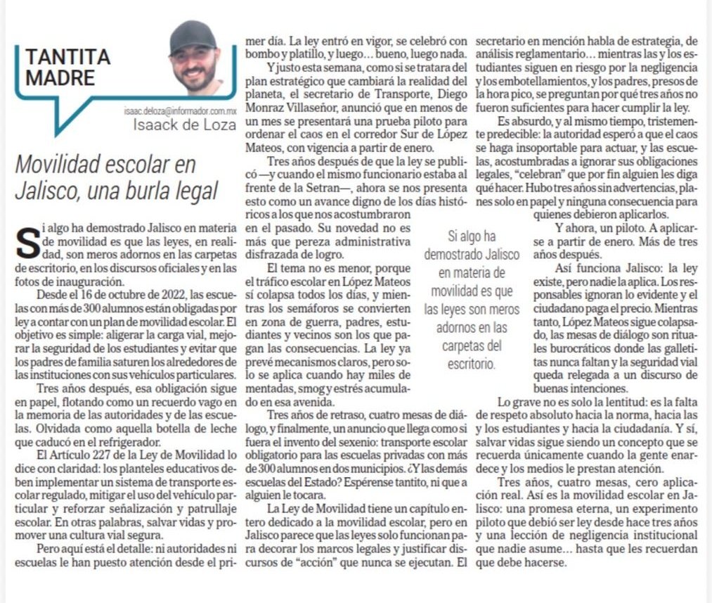 IsaackdeLoza's tweet image. Ni el secretario de @TransporteJal, ni el alcalde de @GobTlajomulco, que entonces era diputado, se acordaron que ya estaba en la ley el transporte escolar obligatorio en todo Jalisco. Hoy lo venden como si fuera la panacea. Tantita madre nomás.