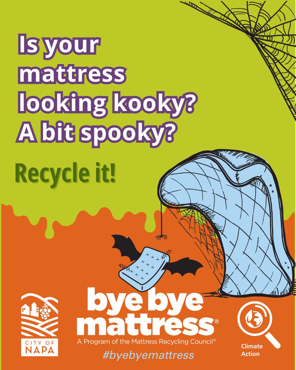 [para español👇] Is your mattress looking kooky or a bit spooky?🕷️🕸️ Recycle it! ♻️

The components can come back to life as new products like carpet and filters! Did you know free drop-off is available at the Devlin Road Transfer Station (889 Devlin Road, American Canyon)?